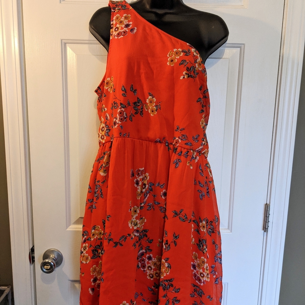 1 shoulder red floral summer dress with lace trim